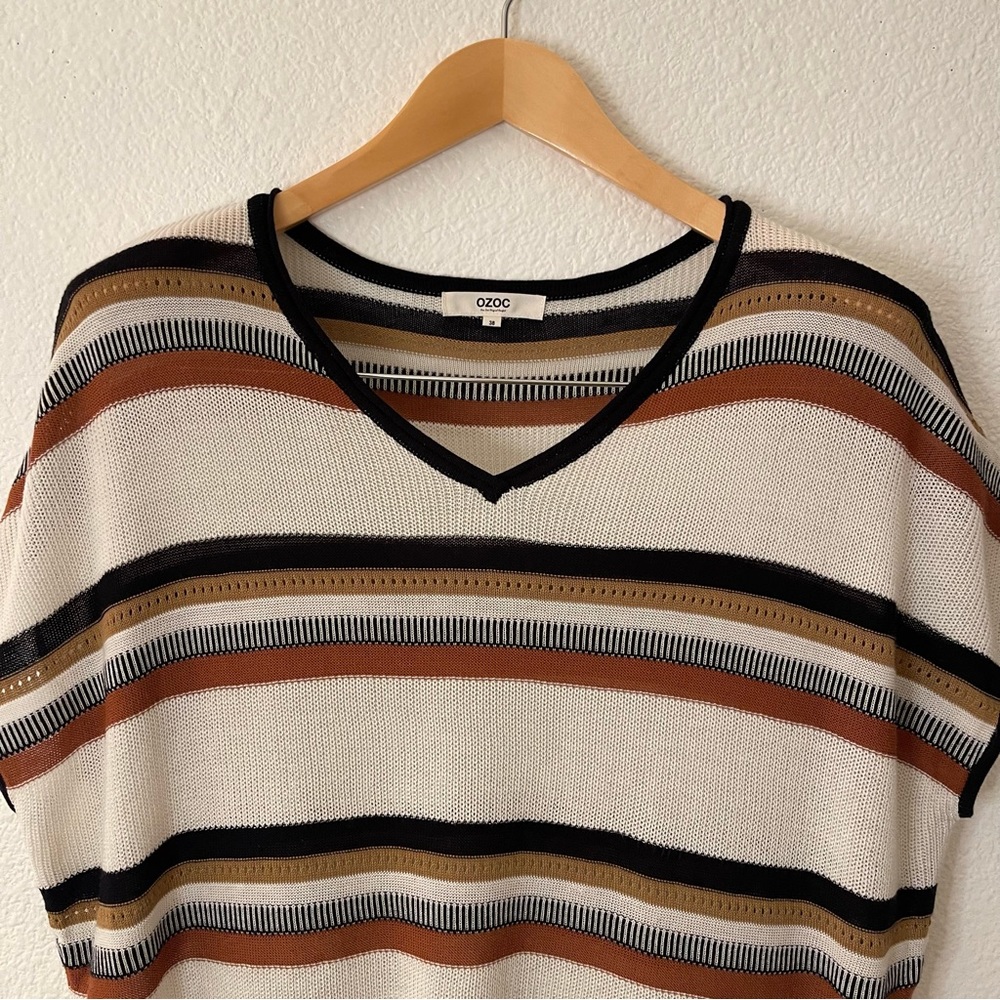 Ozoc Oversized Sleeveless V-Neck Knit Sweater Multi-Brown Stripe Sweater Vest
